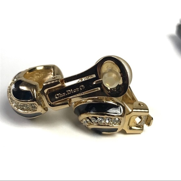 Vintage Christian Dior Half Hoop Enamel Crystal Clip On Earrings - Picture 8 of 8